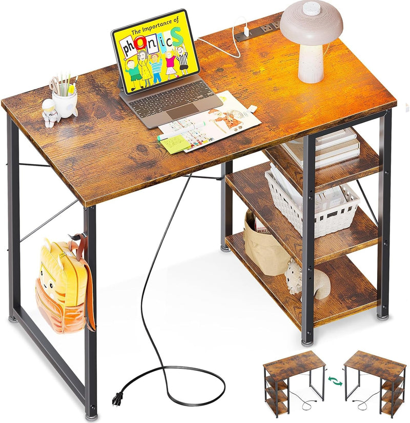 AODK Laptop Desk Office Desk, 48 Inch Computer Desk with Power Outlet and USB & Type-C Charging Port, Writing Desk with 3-Tier Reversible Storage Shelf for Home Office, 48'' X 16'', Rustic Brown