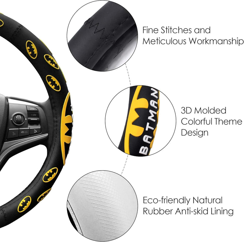 Finex Silicone 3D Molded Design - Batman Superhero Auto Car Steering Wheel Cover - Black - Universal Fit