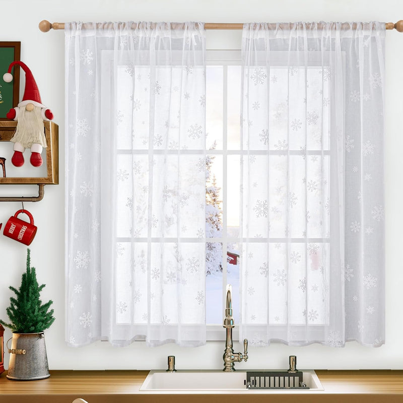 Bgment Christmas Curtains for Living Room 84 Inch Length 2 Panels Set, Snowflake Linen Look Sheer White Curtains Rod Pocket Window Curtains for Dining Room Xmas Holiday Decoration, Set of 52 X 84 Inch