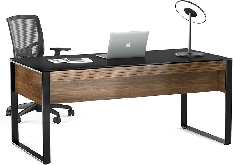BDI Furniture Corridor 6521-67.75'' X 32.25" Executive Office Desk for Home or Office with Keyboard Drawer, Cable Management, Satin-Etched Tempered Glass, Natural Walnut