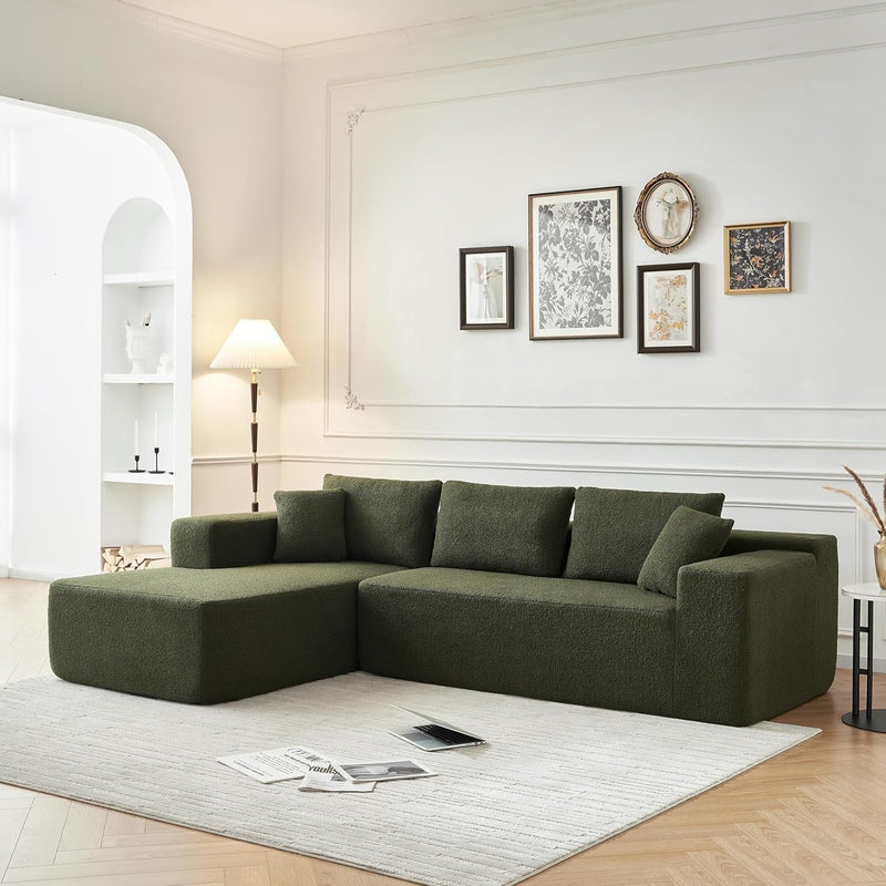 104'' Modular Sectional Couch, Lambwool Sherpa Fabric Corner Sofa, Comfy Upholstered L-Shape Sectional Sofa with Chaise Lounge, 5 Seater Cloud Sofa for Living Room, Bedroom, Apartment, Green