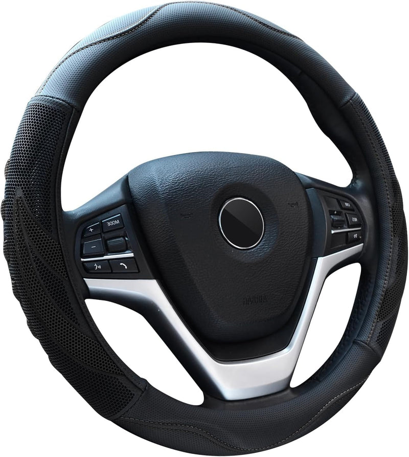 Alusbell Breathable Auto Car Steering Wheel Cover for Men and Women Microfiber Leather 15 Inches Black