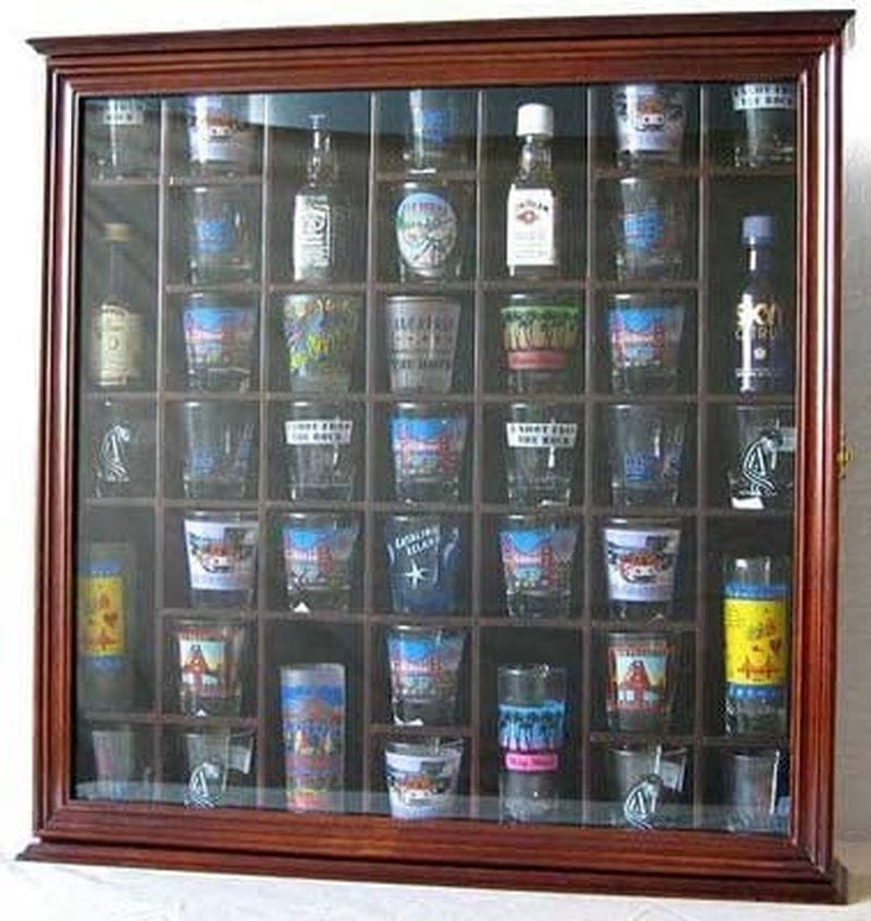 41 Shot Glass Display Case Holder Bar Collection Cabinet Wall Rack Shadow Box with Glass Door Black Home & Garden > Kitchen & Dining > Barware DisplayGifts Walnut Finish  