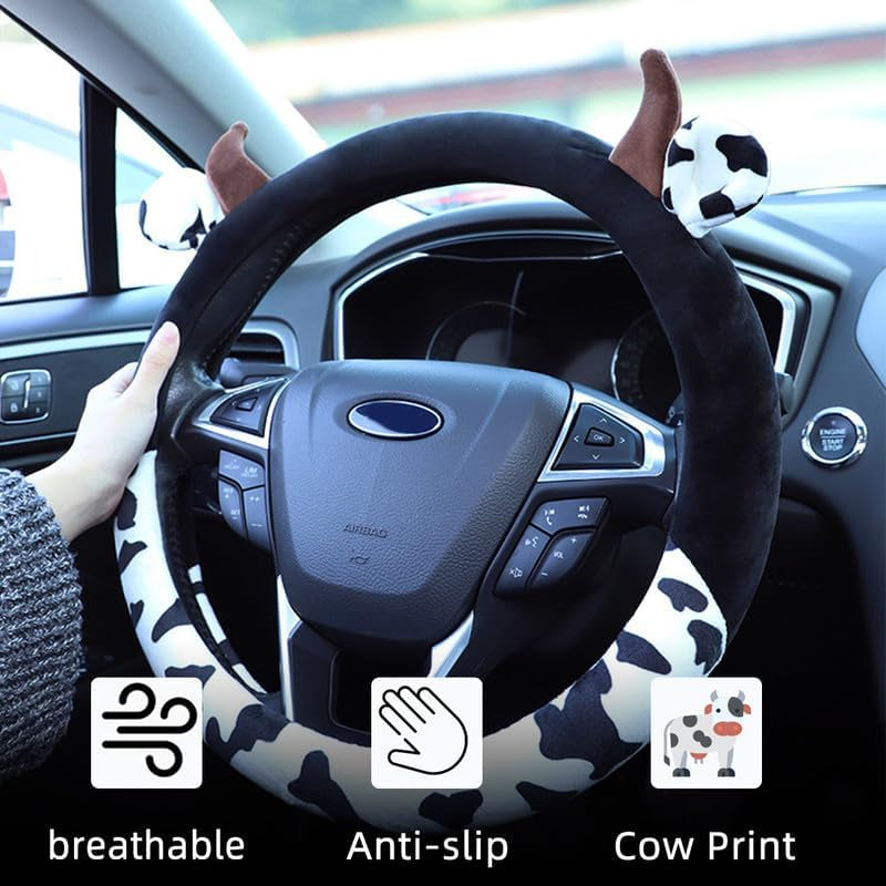 Cow Print Steering Wheel Cover, Universal 14.5 to 15 Inch anti Slip and Sweat Absorption Comfortable Auto Steering Wheel Cover, Cute Cow Car Accessories with Cow Ear Horn Design