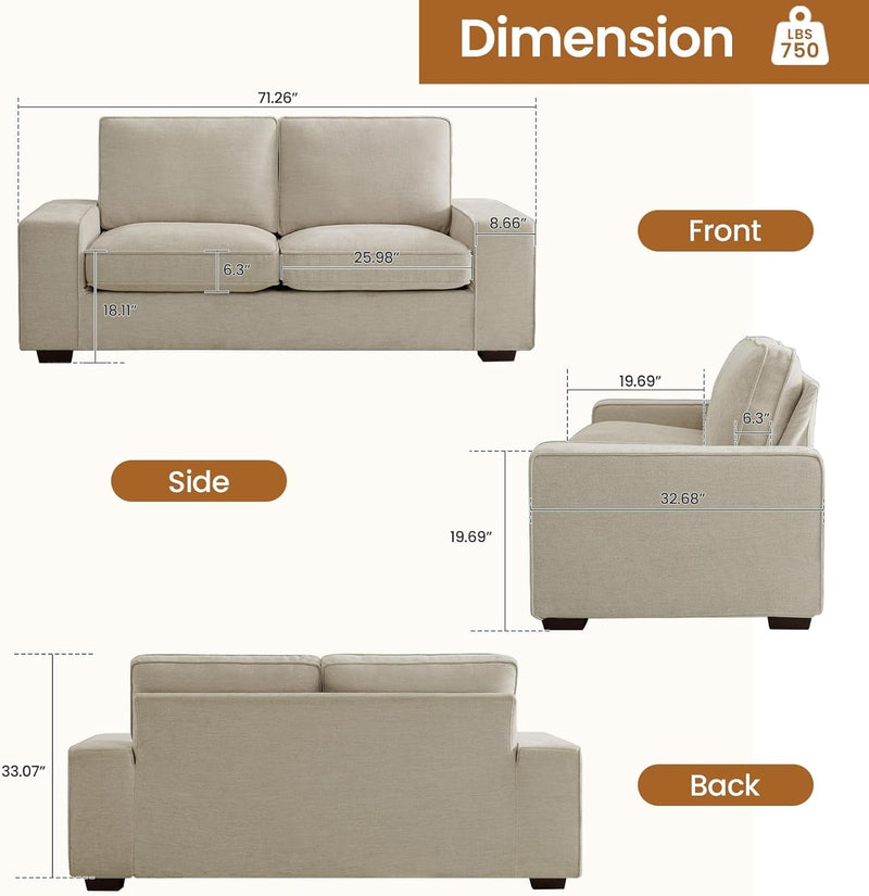 COHOME 71" Loveseat Sofa with Deep Seat, Modern Chenille Love Seat Couch for Living Room with Removable Covers, Upholstered 2-Seater Small Couch for Bedroom, Apartment，Beige