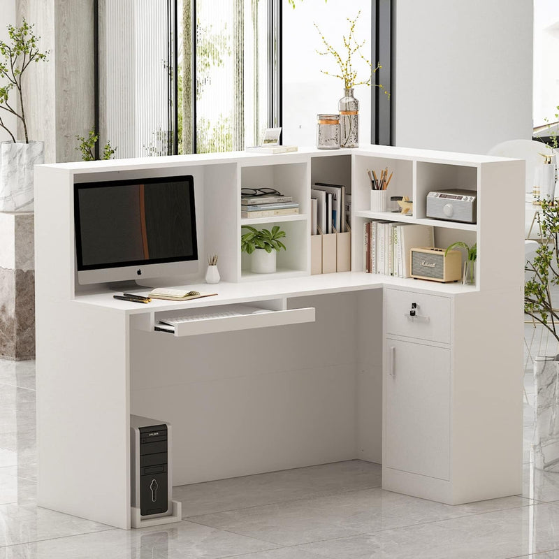 Homsee Reception Desk L-Shaped Office Desk with Counter, 1 Door Storage Cabinet, 1 Lockable Drawer, Hutch Shelf & Keyboard Tray, White