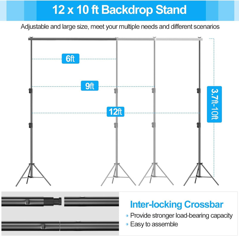 EMART Photo Video Studio Backdrop Stand, 10(H) X 12(W) Ft Heavy Duty Adjustable Photography Muslin Background Support System Kit