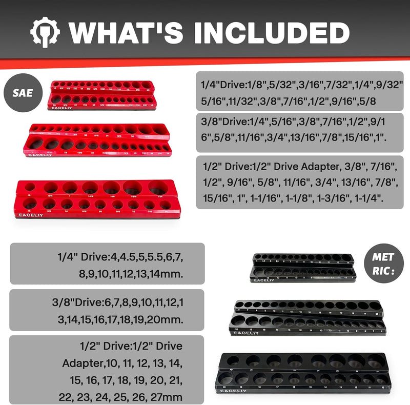 6Pcs Magnetic Socket Organizer Set, 1/2", 1/4" and 3/8" SAE & Metric Deep & Shallow Socket Holder Kit, Socket Trays，Holds 143Pcs Sockets (Sockets Not Included)