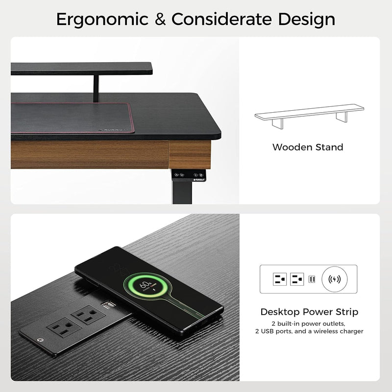 EUREKA ERGONOMIC Standing Desk with 2 Drawers, 55" Dual-Motor Height Adjustable Sit Stand up Desk with Built-In Outlet, Wireless Charger, Luxury Home Office Computer Table with Monitor Riser, Walnut