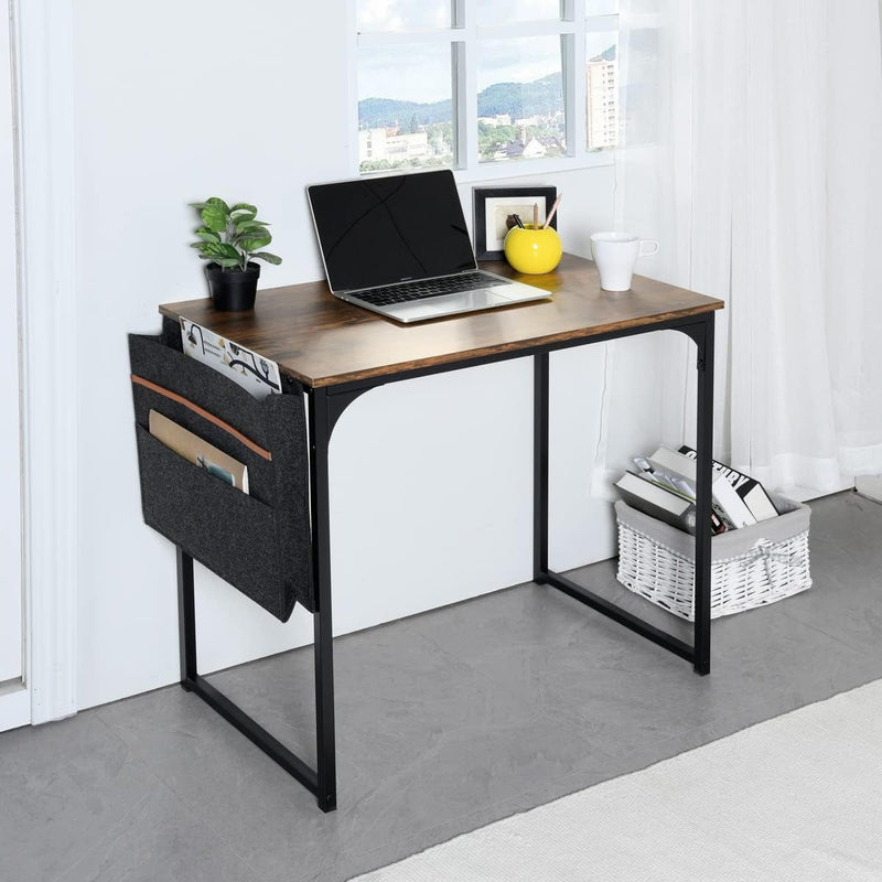 Furniturer Computer Desk 32 Inch Study Writing Table with a Storage Bag Space Saving for Home Office, Modern Simple Style PC Desk, Black Metal Frame, Brown Table Top