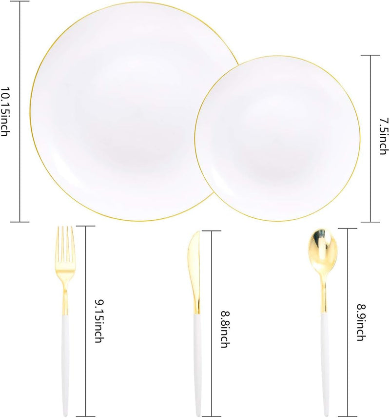 Dayammi 30 Guests Gold Plastic Plates with Disposable Silverware,Gold Cutlery with White Handle,White&Gold Disposable Dinnerware:60 Plastic Plates Gold Rim,90 Plastic Silverware Set for Party Wedding