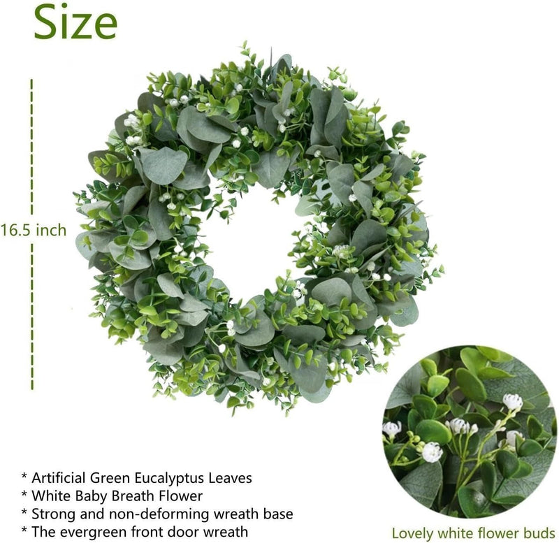 Artificial Eucalyptus Wreath for Front Door, Green Eucalyptus Leaves with White Flower Wreath Spring Summer Wreath for Wall Window Festival Thanksgiving Farmhouse Garden Home Decor