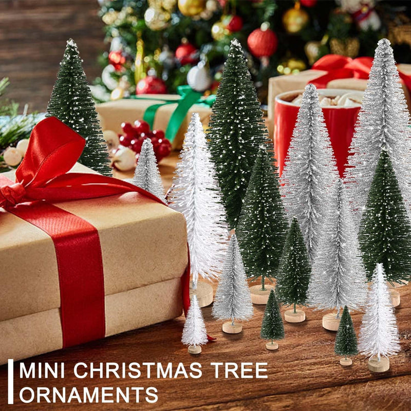 30Pcs Mini Christmas Trees Artificial Christmas Tree Bottle Brush Trees with Wooden Base for Christmas Decor Christmas Party Home Table Craft Decorations(Green+Silver+White)