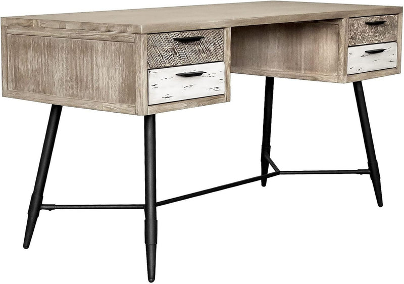 Benjara Aliz 55 Inch Modern Acacia Wood Office Desk, 4 Drawers, Metal Legs, Brown and Black