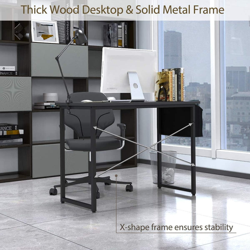 Computer Desk, Simple Writing Desk with Storage Bag and Metal Frame, Wood Study Desk for Bedroom, Industrial Work Desk for Home Office, Small Desks for Small Spaces (Black, 40'')