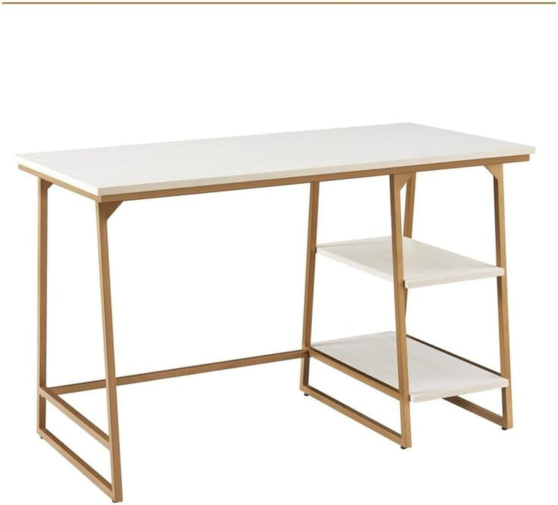 Eclectic Exclusivity Home Office Desk with Stepped Shelf, Wood/Iron Construction, 48" L X 24" W X 30" H, 17.5 Lb, White/Herringbone Gold -Office Desk for Small Space, Modern Computer Desk