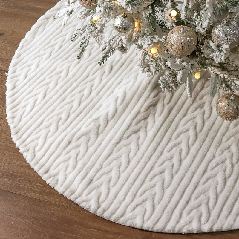 Faux Fur Christmas Tree Skirt: 36 Inch Soft White Plush Fluffy Rustic Christmas Tree Skirts with Cable Knit Textured Pattern, Boho Style Christmas Tree Cover Beige Xmas Decorations for Home Indoor