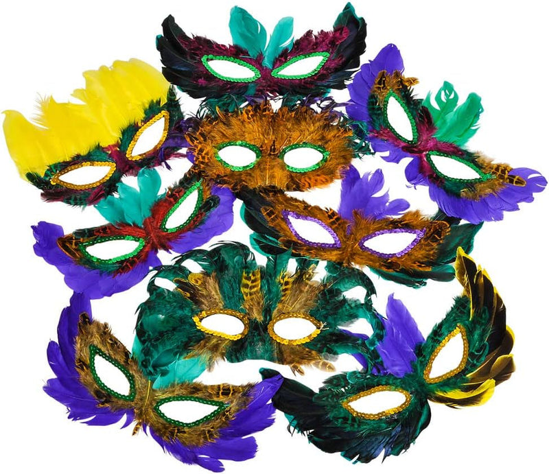 Bedwina Mardi Gras Masks - (Pack of 50) Bulk Carnival Masquerade Mask Costume Party Supplies, Feather Mardi Gras Decorations for Women, Men and Kids