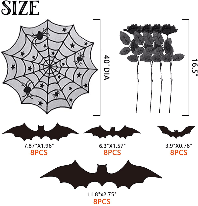 41PCS Halloween Decorations Indoor - Halloween Spider Web Lace Mantel Scarf, Table Covers and Lampshade, Halloween Creepy Cloth, 3D Bats and Black Roses for Halloween Decor Arts & Entertainment > Party & Celebration > Party Supplies Dazonge   