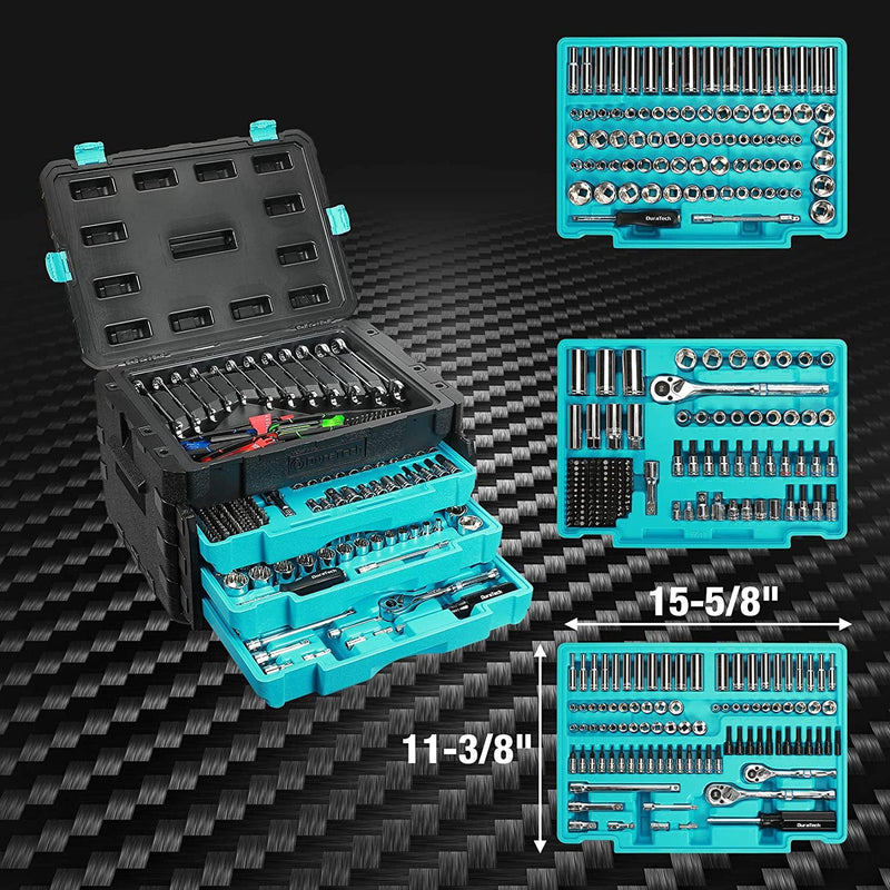 DURATECH 497-Piece Mechanics Tool Set, Include Sae/Metric Sockets, 90-Tooth Ratchet and Wrench Set in 3 Drawer Tool Box