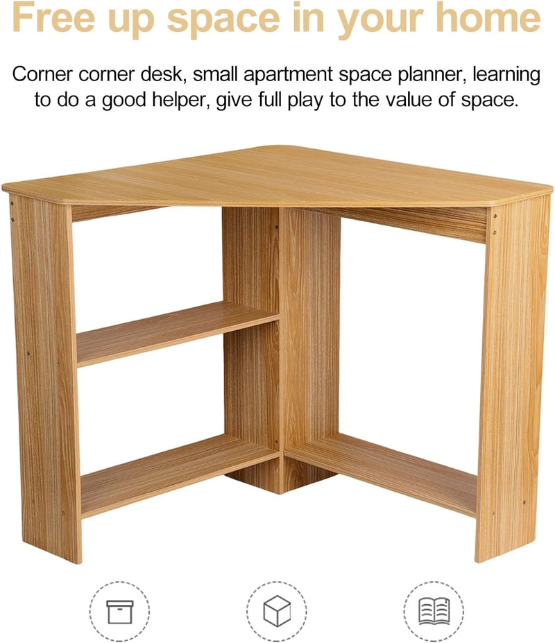 Corner Desk,90 Degrees Triangle Computer Desk,Bedroom Makeup Vanity Desk,Desk with Drawers and Open Shelves,Small Space Industrial Desk for Home Office,Workstation,Living Room Light Brown