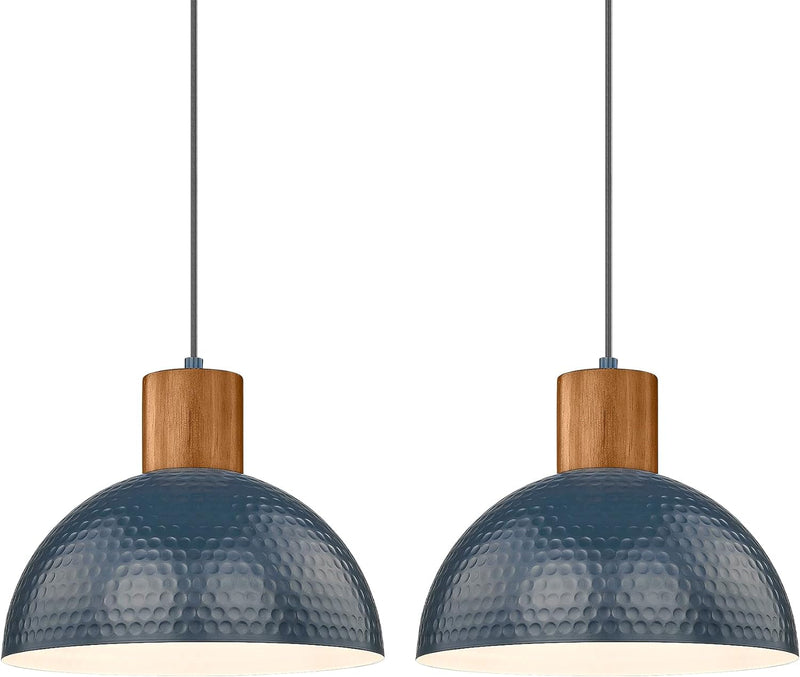 ELYONA Industrial Pendant Light, 12" Hammered Metal Dome Hanging Lamp Solid Wood Pendant Light Fixtures for Kitchen Island, Farmhouse, Dining Room, Sink, Bedroom, Hallway, Modern Blue