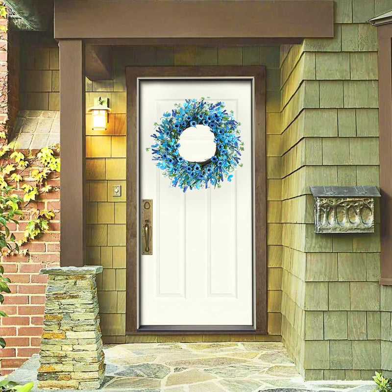 Artificial Summer Wreath, 20" Artificial Flower Wreath with White and Blue Daisy, Spring Wreaths with LED Lights for Front Door Home Decor