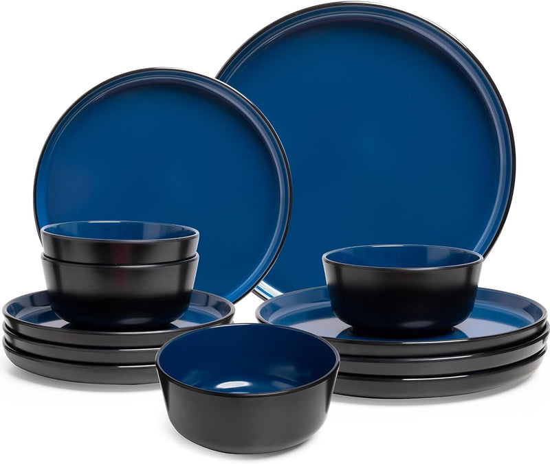 12-Piece Dinnerware Sets for 4 - Dinner Plates, Dessert Plates, Cereal Bowls, Lightweight Melamine Plates and Bowls Sets, RV, Kitchen Dishes for Outdoor Use, Red and Black