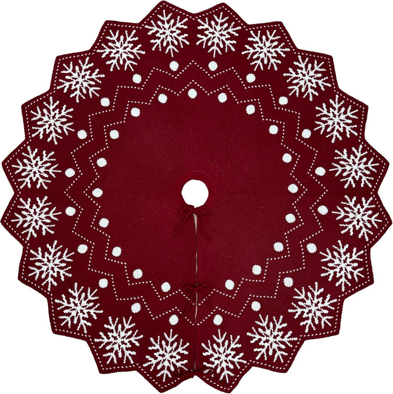 60-Inch Wavy Edged Reversible Knit Christmas Tree Skirt: Burgundy & White Snowflake Pattern with Lace Ties