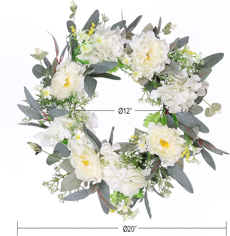 20 Inch Front Door Wreath with White Peony Flowers Green Eucalyptus Leaves and Wild Flowers for Window Wall Farmhouse Home Decor