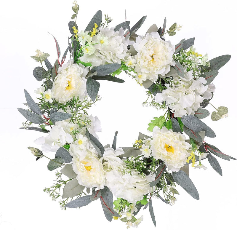 20 Inch Front Door Wreath with White Peony Flowers Green Eucalyptus Leaves and Wild Flowers for Window Wall Farmhouse Home Decor