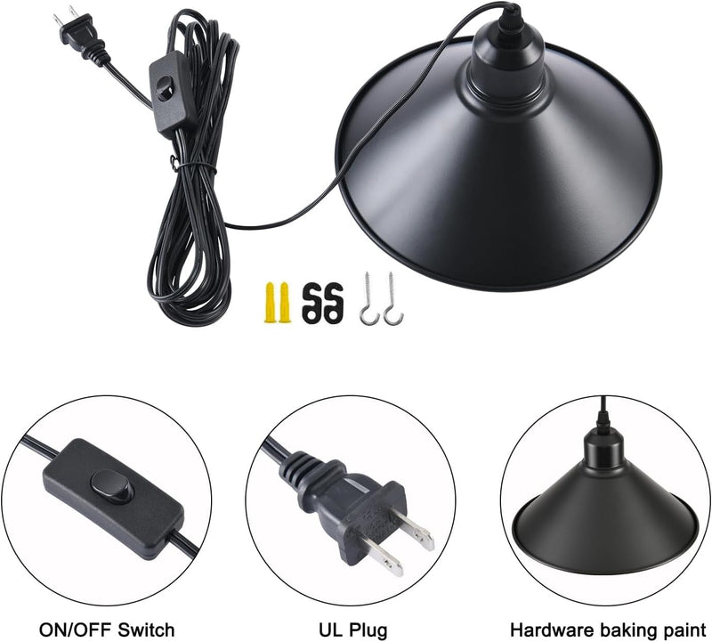 Black Plug in Pendant Light, 2 Pack Industrial Hanging Lamp Black Vintage Pendant Lighting Fixtures with 15Ft Cord On/Off Switch for Kitchen Island Dinning Hall Bedroom