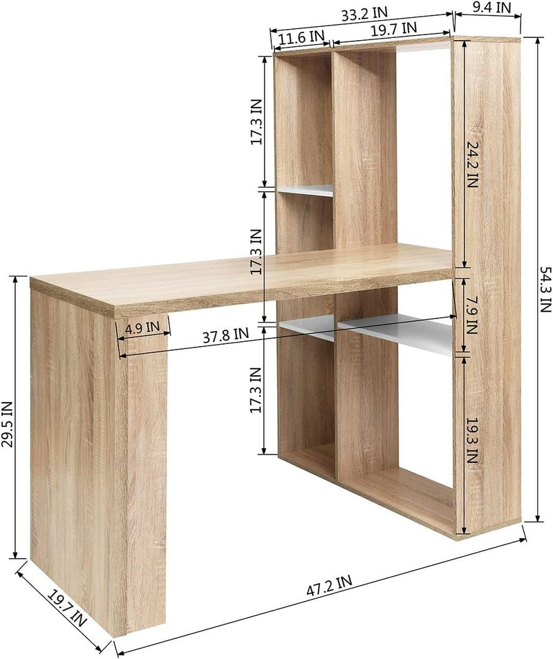 Furniturer 47In Study Writing Table with Storage Shelves, Modern Simple Style Workstation L-Shaped Space-Saving Corner Home Office Computer Desk, Oak