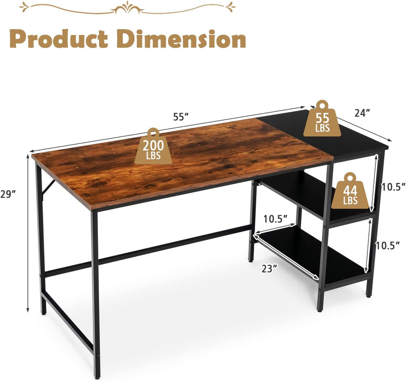 COSTWAY 55” Computer Desk, PC Laptop Desk with Storage Shelves, Large Computer Desk with Splice Board, Adjustable Foot Pads, Industrial Home Office Desk for Writing, Study, Game (Rustic Brown)