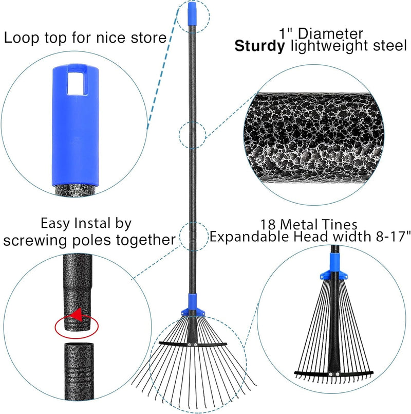 Adjustable Metal Leaf Rake Long Handle, Garden Rakes for Lawns Heavy Duty Leaves with Expandable Head 8-17", Yard Women Kids Rake for Gardening RV Camping