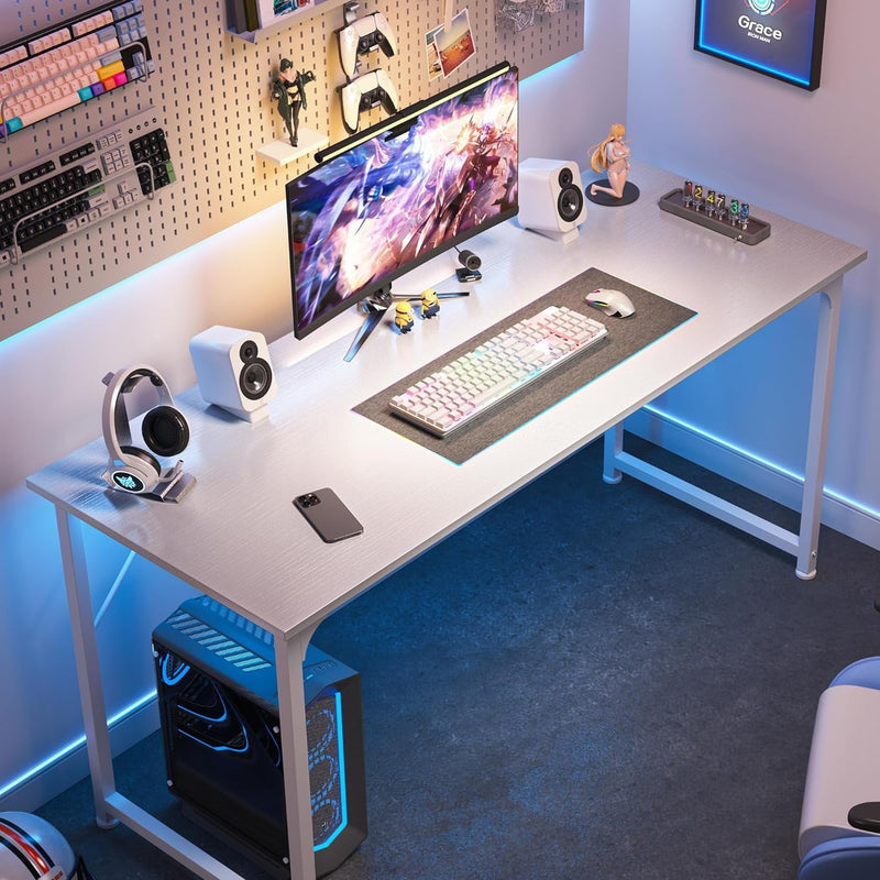 Computer Desk, 55 Inch Office Desk, Gaming Desk with Storage, Writing Desk Work Desk for Home Office, Study, Modern Simple Desk, Large Legroom, Metal Frame, White