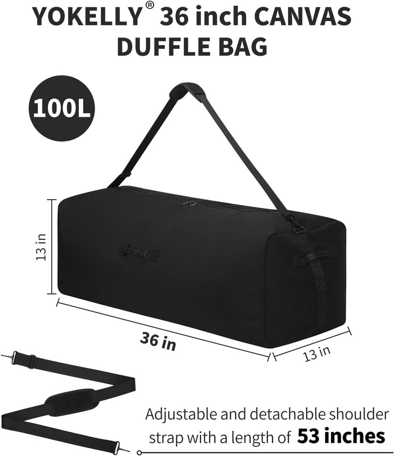 36 Inch Canvas Duffel Bag 100L Extra Large Luggage Duffle for Travel Sport and Camping (Black)