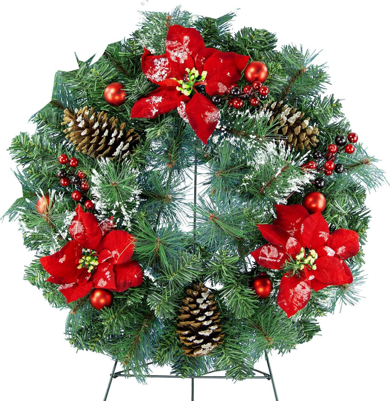 Christmas Wreath - Outdoor Christmas Decoration - 24 Inch Wreath with Frosted Red Poinsettia and Red Ornaments on 30 Inch Easel