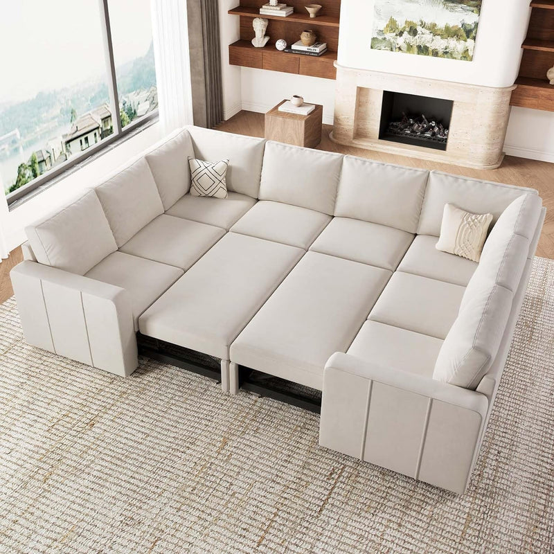 Belffin U Shaped Sectional Sleeper Sofa with Pull Out Bed Convertible Velvet Modular Sectional Couch Bed with Storage Ottoman Beige