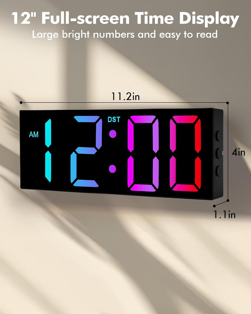 Alampan 12" Large Digital Wall Clock with Remote Control, Corded RGB LED Clock with Full Screen Display, Big Wall Clock for Classroom, Living Room, Elderly, Wall Mount Clock with DST, LED Wall Decor