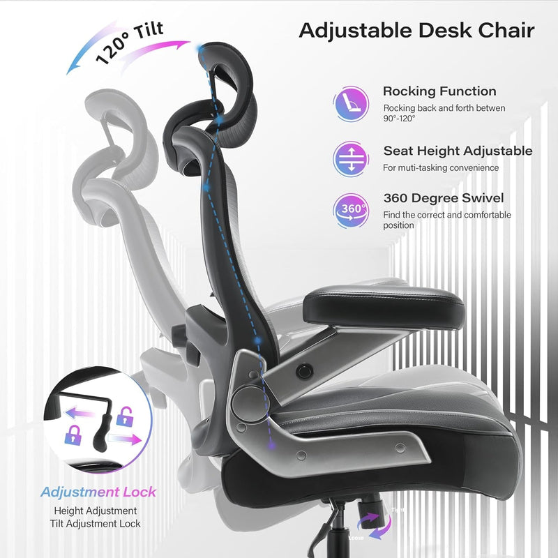 500Lbs Big and Tall Office Chair- Heavy Duty Executive Computer Chair with 3D Flip Arms Large Wheels, Ergonomic Mesh High Back Desk Chair, Extra Wide Seat Adjustable Lumbar Support&Headrest