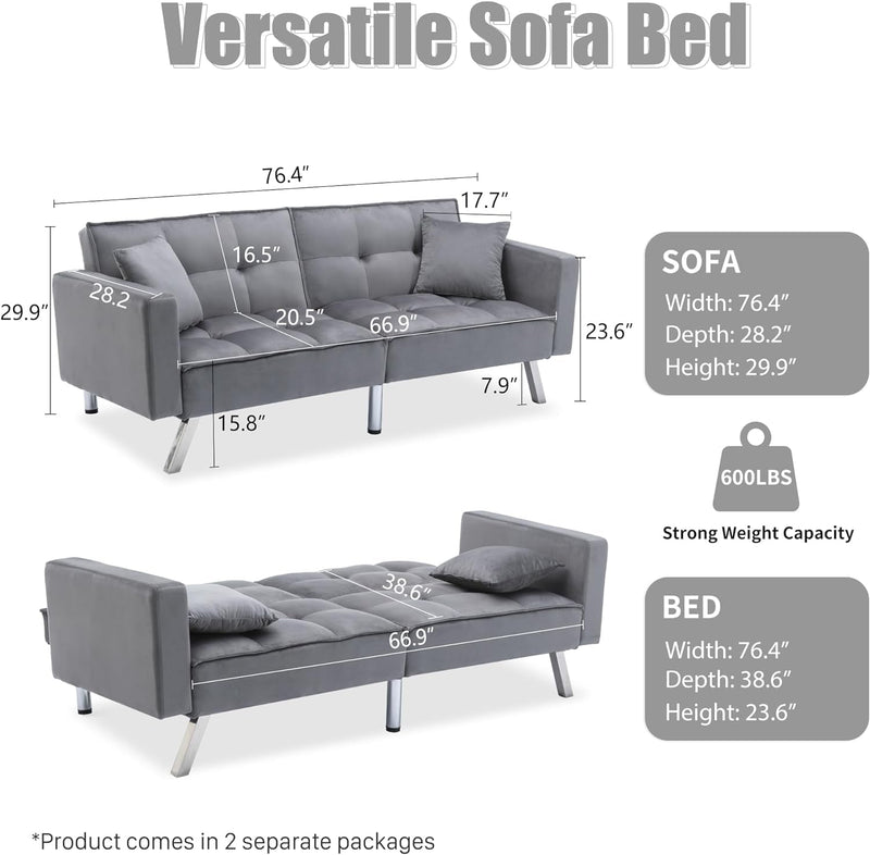 Civama Futon Sofa Bed, Velvet 76" Twin Size Couch with 2 Pillows, 3-Seater 3 Angles Convertible Tufted Loveseat Sleeper for Living Room, Modern Upholstered Armrest Folding Futon, Gray, Metal Leg