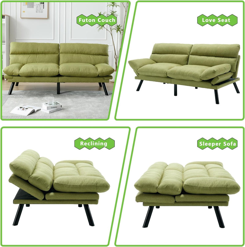 Anwick Modern Futon Couch Bed Sofa: Linen Fabric Quick Folding Armrest Space-Saving Convertible 2 Seater Loveseat for Living Room Bedroom Small Rooms Apartment (Emerald Green)