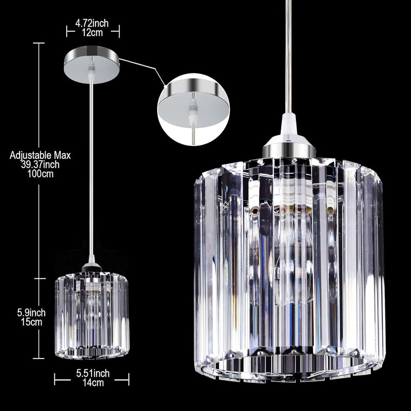 2 Pack Modern Chrome Crystal Ceiling Pendant Lighting Mini Industrial Dimmable Small Chandelier with Long Cord, Mini Adjustable Pendant Light Fixture for Living Room Kitchen Island Dining Room Light
