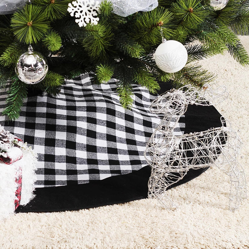 Black and White Buffalo Plaid Check Christmas Tree Skirt 48 Inches, Country Xmas Tree Decorations Tree Skirts Double Layers Holiday Ornaments