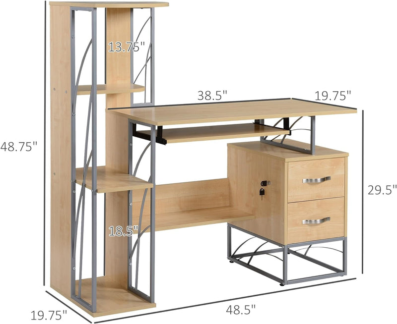 HOMCOM Modern Computer Desk with 4-Tier Bookshelf, Home Office Writing Table Workstation with Tower Storage Shelves Keyboard Tray & Lockable Drawers, Natural