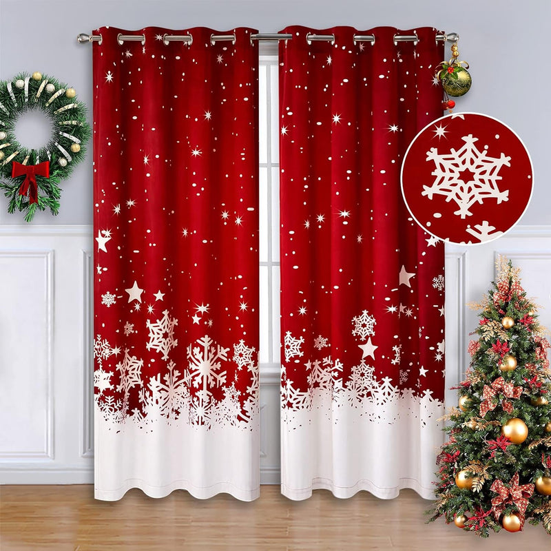 CAROMIO Christmas Curtains for Living Room 2 Panel Sets, Red Velvet Window Curtains 84 Inches Long, Floral Snowflake Decoration Curtains, Thermal Insulated Room Darkening Curtains, 52 X 84 Inches