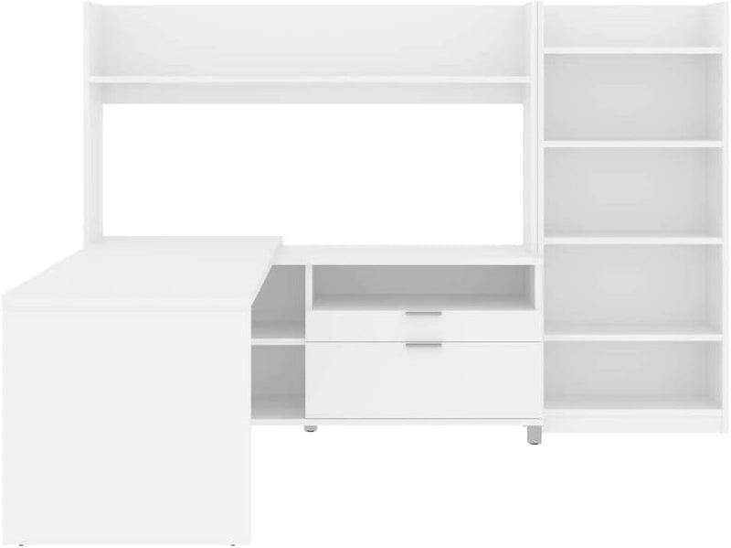 Bestar Pro-Linea L-Shaped Desk with Hutch and Bookcase, 72W, White
