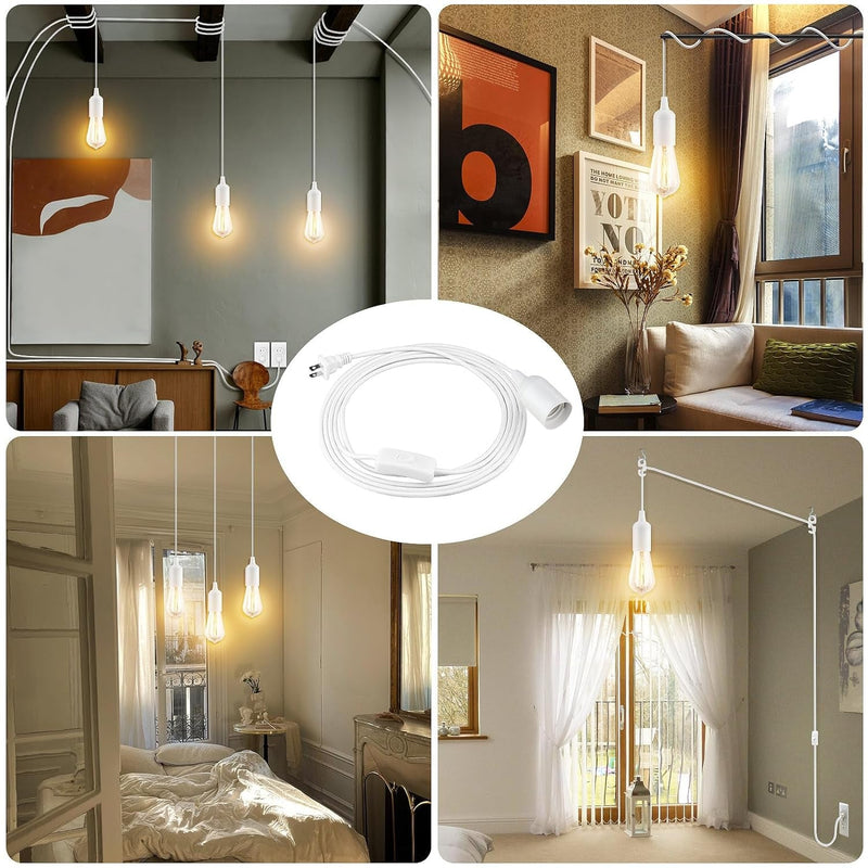 2Pack Plug in Hanging Light Kit, E26/E27 Vintage Hanging Lights with Plug in Cord, Retro Pendant Light Kit, 12FT Cord with On/Off Switch UL Listed, Plug in Pendant Light Cord for Hanging Light, White