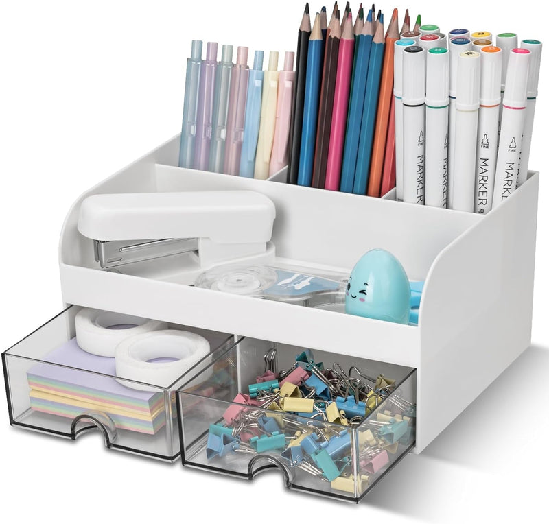 Desk Organizer with 2 Drawer, Multi-Functional Pencil Pen Holder for Desk, Desk Organizers and Storage with 5 Compartments, Desktop Organizer for Office Home Art Supplies (White)